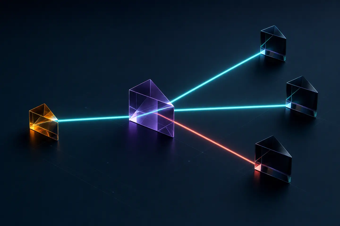 An amber source prism sends a luminous path through a violet command prism to three artifact sinks; one path turns coral to mark exposure.